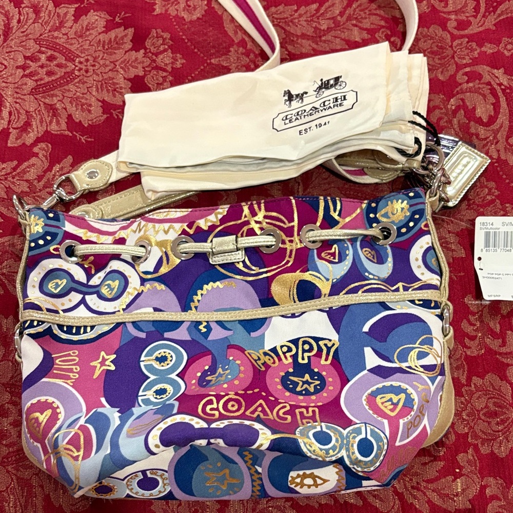 Vintage Coach Puppy Multi Purple and Gold Women's Shoulder Tote Bucket Bag NWT